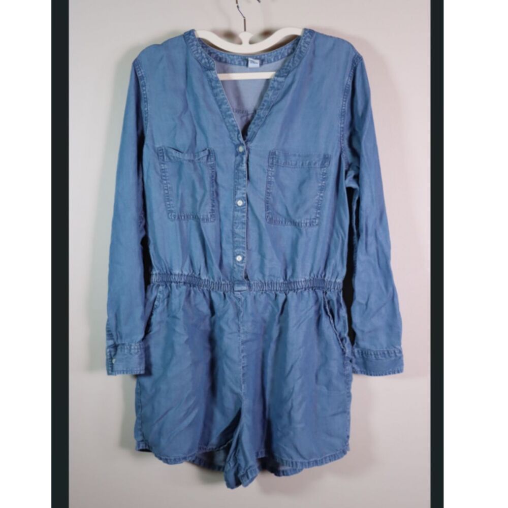 Old Navy Chambray Romper Light Denim Look Long Sleeve Utility Large
